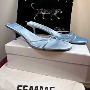 New FEMME LA x REVOLVE Maeve Slipper in Blue Sorbet satin kitten heel open toe